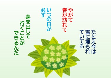 たとえ今は雪に埋もれていても やがて春が訪れて いつの日か必ず 芽を出して行くことができるんだ